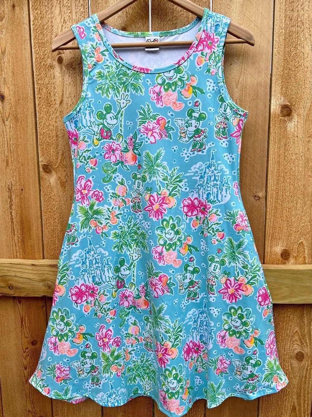 Disney Minnie Mickey Tropical Castle Aqua Pink Dress Plus Size 18/20